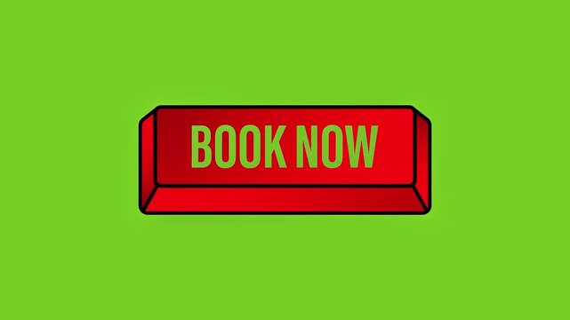 Animated 3D red "Book Now" button clicked by a mouse cursor on a green screen chroma key background.