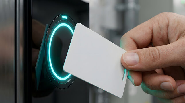 Hand tapping a white security badge on a glowing electronic card reader