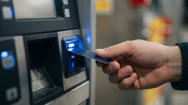 Hand using a fuel card at a gas station pump terminal for payment