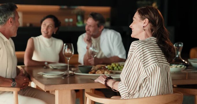 Celebration, face or host in home with friends, satisfaction or happy moment with diner bonding. Wellness, laugh or mature people with meal, reunion party or positive attitude at social gathering.