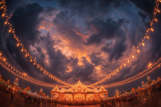 Glowing Durga pandal at night with diya lamps and festive lighting.
