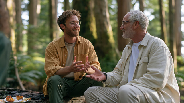Screenwriter mentor in a forest setting sharing industry knowledge with a new agency hire on their final orientation walk, a half eaten lunch on a nearby log as the single