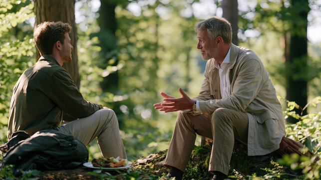 Screenwriter mentor in a forest setting sharing industry knowledge with a new agency hire on their final orientation walk, a half eaten lunch on a nearby log as the single