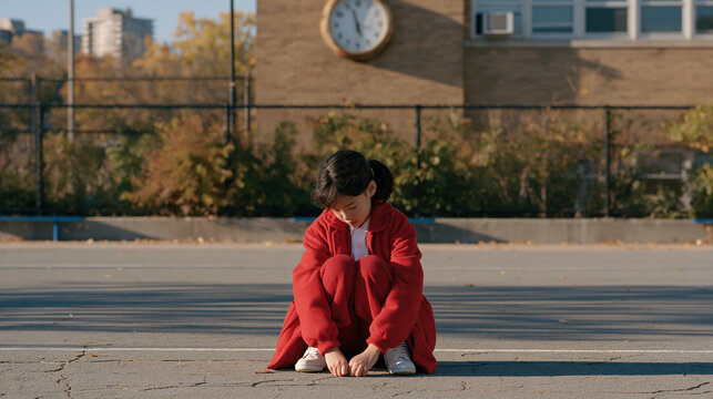 A single child crouches in an empty autumn schoolyard closely inspecting the cracked rubber surface, an old clock mounted on the brick wall ticking above, the unposed wonder on