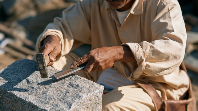 weathered stone mason sits in harsh midday sun outside a remote workhut, reaching for a chipped chisel on a rough granite block, sharpening the edge with slow deliberate strokes,