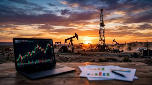Energy market charts on laptop with oil pump jacks at sunset