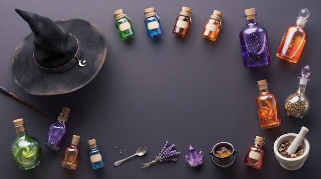 Halloween witch hat and colorful magic potion bottles on a dark background