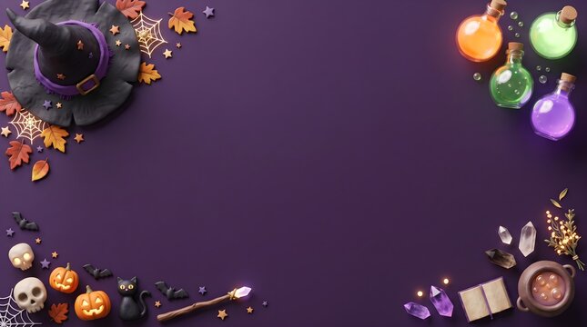 Halloween background with witch hat pumpkins and magic potions on a purple surface