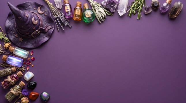 Witchcraft background with crystals herbs and witch hat on a purple surface