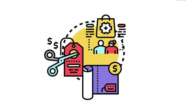 Digital commerce presenting online shopping, consumer purchasing, transaction processing, and discount offers with price tag, shopping bag, and scissors providing value