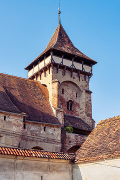 Historic defensive tower of Valea Viilor fortified church in Sibiu County Transylvania Romania