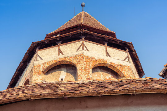 Architectural detail of defensive tower at Valea Viilor fortified church in Transylvania Romania