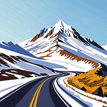 Flat vector landscape illustration of snowy mountain peak and winding road