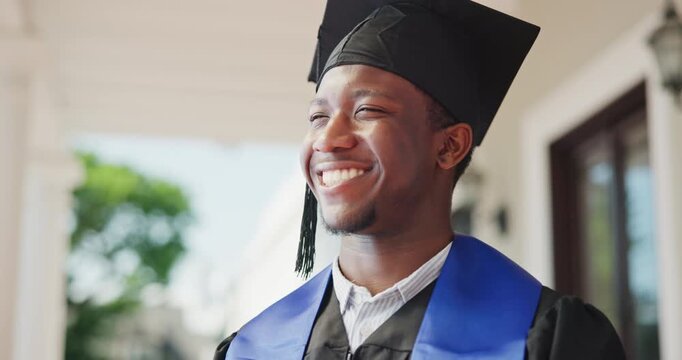 Vision, graduation and smile with black man in college for education success, future or thinking. University, mindset or academy achievement with person outdoor for inspiration and student growth