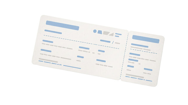 Minimalist airline boarding pass, modern flight ticket mockup, blue and white travel voucher, aviation boarding pass template for travel design isolated PNG with Transparent Background