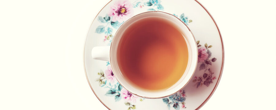 Warm black tea filling an elegant floral teacup and saucer, providing a moment of comfort and traditional relaxation