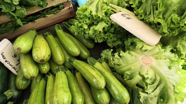 Video showing a colorful farmers market stall filled with fresh green zucchini, crisp lettuce heads, leafy greens, and other seasonal vegetables arranged for sale