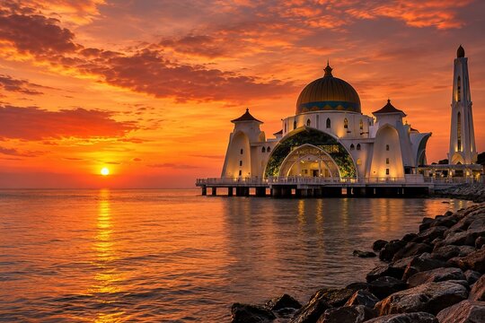 sunset mosque over calm waters