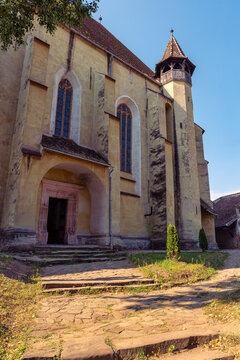 Gothic exterior and tall windows of Biertan fortified church in Transylvania Romania