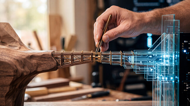 Hand assembling hybrid wooden and holographic mechanical component