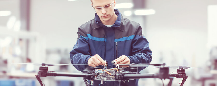 Engineer assembling modern drone, connecting electronic components in a high tech facility