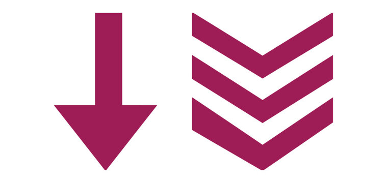 Two magenta featuring a simple downward pointing arrow and a triple chevron arrow pointing downwards on a plain white background, for ui