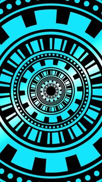 Bright turquoise and dark navy abstract circular geometric pattern with layered rings, dots and radial shapes, creating a bold modern background