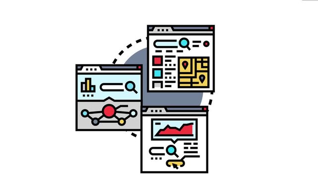 Online ranking boost concept presenting multiple browser windows displaying analytics. Search results. And location data