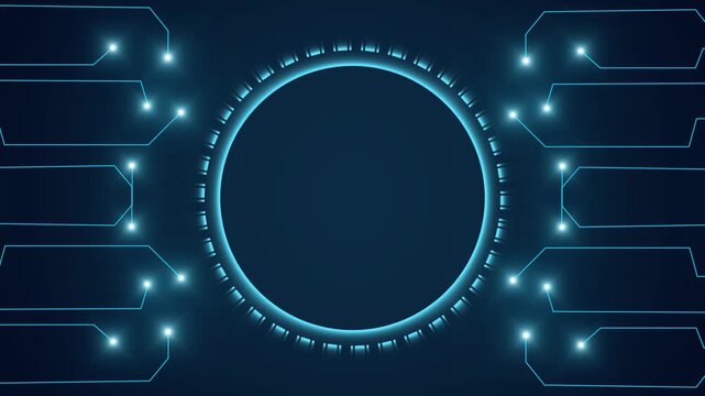 Circular interface animation shows electronic circuit tracks. Data coordinates guide circular interface animation. Modern cyber telemetry runs on the interface.