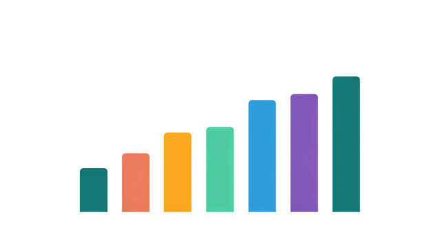 A rising bar chart with six vertical columns of increasing height in teal, orange, yellow, green, blue, and purple on white background