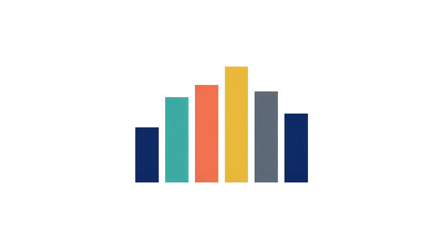 A colorful bar chart with six vertical columns of varying heights in dark blue, teal, orange, yellow, grey, and navy on white background