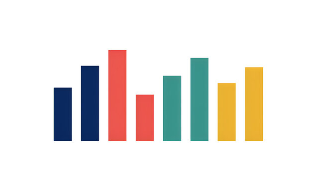 A bar chart with seven vertical bars of varying heights in dark blue, red, teal, and yellow, isolated on a white background