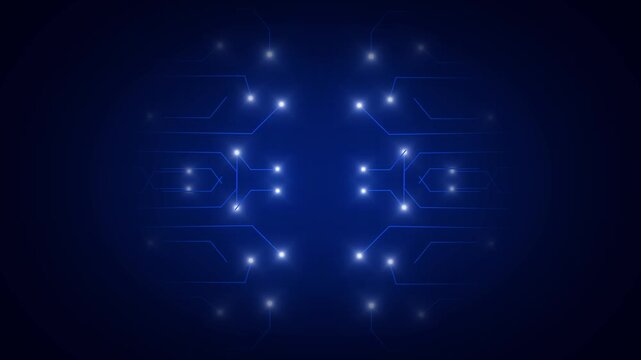 Circuit lines animation forms a symmetrical pattern on dark. Motherboard hardware telemetry drives circuit lines. Modern digital computing data powers the lines.