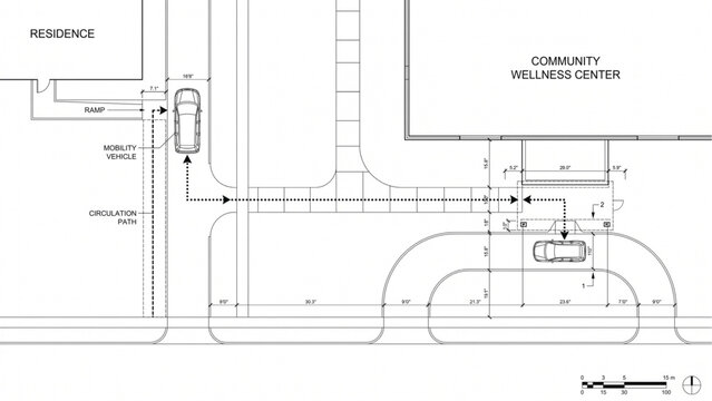 Orthographic Senior Mobility Site Plan with Accessible Home Departure, Community Transport and Wellness Center Connection