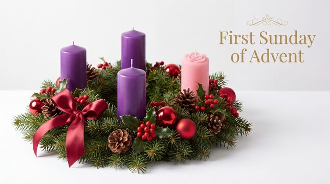 Advent Wreath With Candles And Red Bow Celebrating First Sunday Of Advent