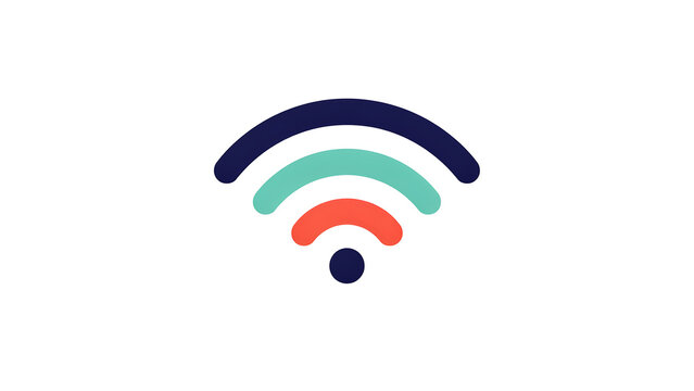 Flat of a wi-fi signal symbol with curved lines in dark blue, teal, and red on a white background, for internet connectivity