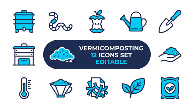 Vermicomposting Icons Set: A collection of graphic icons illustrating the process of vermicomposting, featuring compost bins, earthworms, food scraps, watering can, soil, and plant growth.