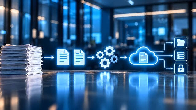 Digital workflow processing a stack of documents into cloud storage and data management systems with security