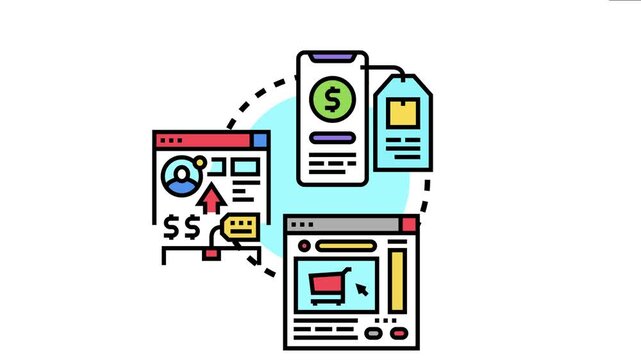 Online payment concept featuring a smartphone, product tag, user profile, and shopping cart on web browsers, the flow of financial transactions and digital commerce