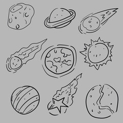 Hand Drawn Space Elements Set Featuring Planets Meteorites Asteroids Stars and Cosmic Galaxy Doodle Clipart © Xraftsh00t