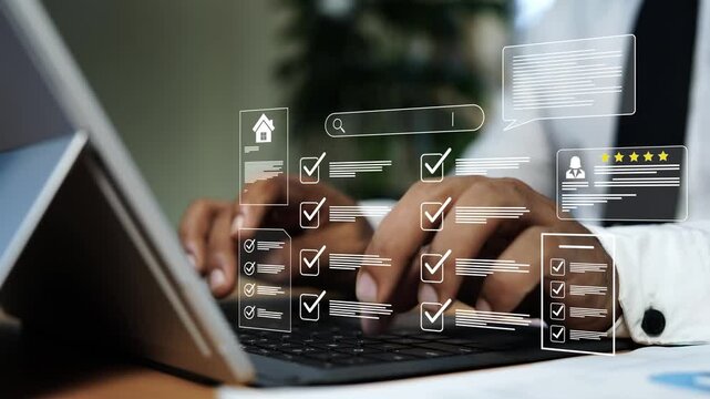 Business person using laptop with holographic digital checklist animation, Close-up of a business person using a laptop with floating checklist, rating, message and home interface icons.