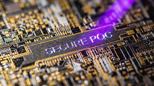 Close-up view of a high-tech microchip with glowing secure pqc text representing advanced post-quantum cryptography and cybersecurity hardware