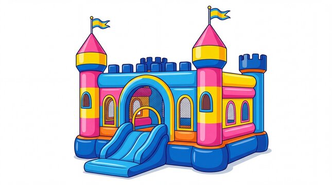 Colorful inflatable bounce house castle with tall towers and sliding ramp on white background
