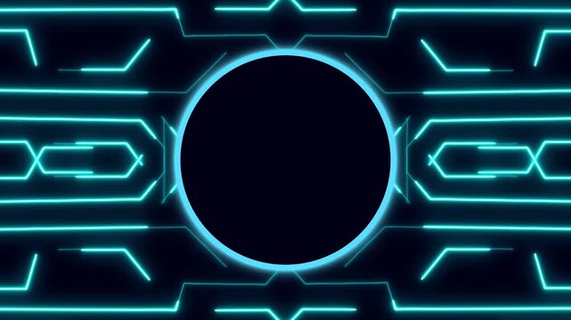 Circuit lines animation surrounds a circular center on dark. Motherboard computing telemetry routes on circuit lines. Modern digital processor hardware drives lines.