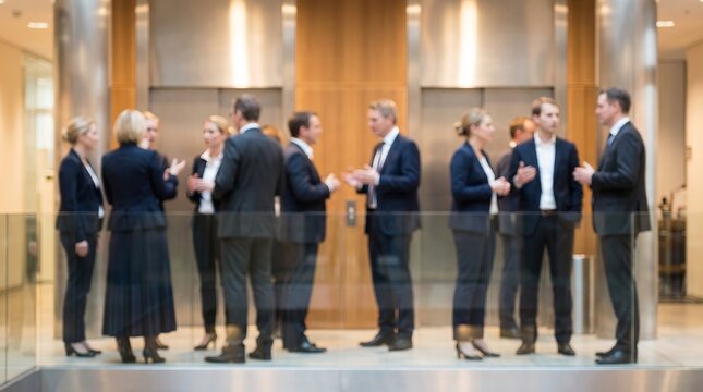 Diverse business professionals attending a corporate event inside modern office center, showcasing networking, professional interaction, teamwork, business culture