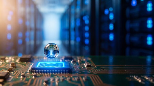 Futuristic Concept of Global Data Connectivity with Digital Globe Floating Above a Computer Processor in a Modern Server Room