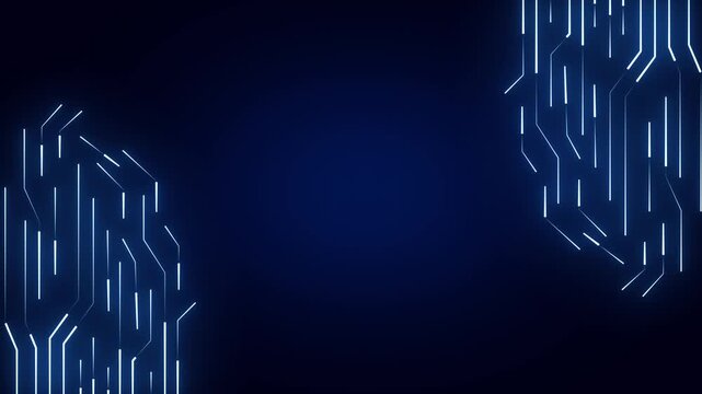 Technology background animation frames edge panels with circuits. Motherboard data routes on technology background. Modern computing processor hardware drives it.