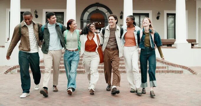 Friends, happy and students walking at university for education, learning and bonding outdoor. College, group and people hug for talking, connection and community at campus, school and study together
