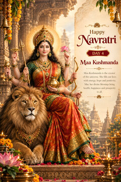 Hindu goddess maa kushmanda depicted with multiple arms riding a lion for navratri day four celebration navratri festival lion mount divine goddess