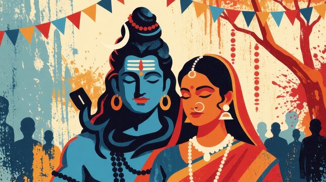Maha Shivaratri illustration featuring Lord Shiva and Goddess Parvati in a festive celebration